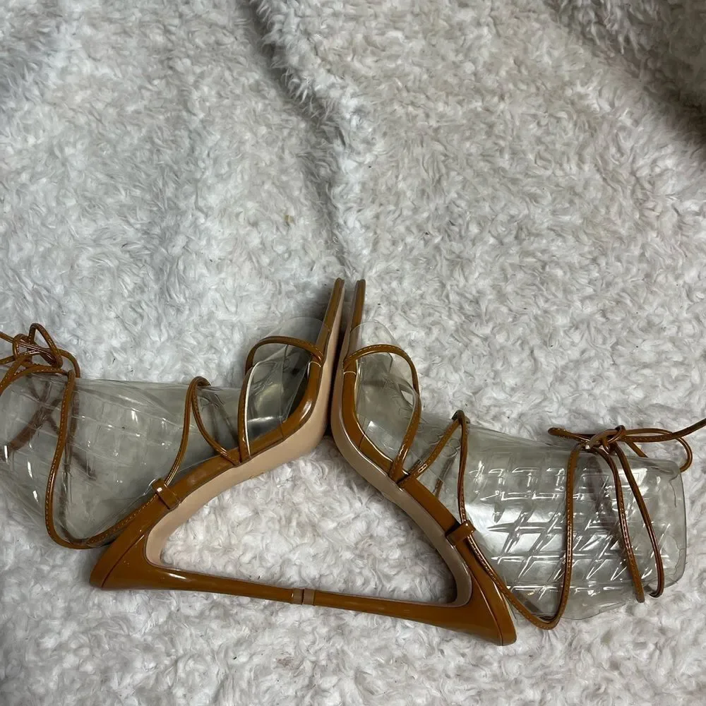 New EGO Av-e Mocha &clear plastic strappy heels Size 7